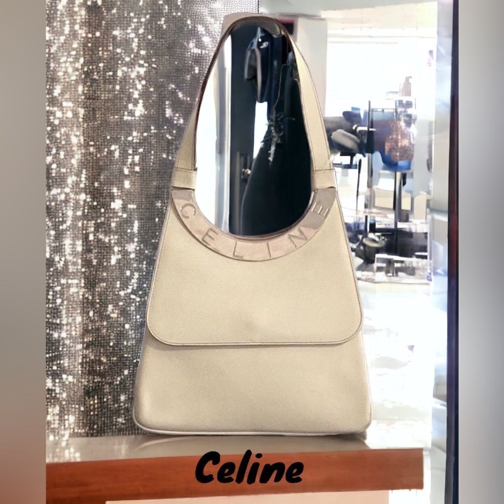 CELINE OFF WHITE LEATHER SHOULDER HOBO TOTE HAND BAG